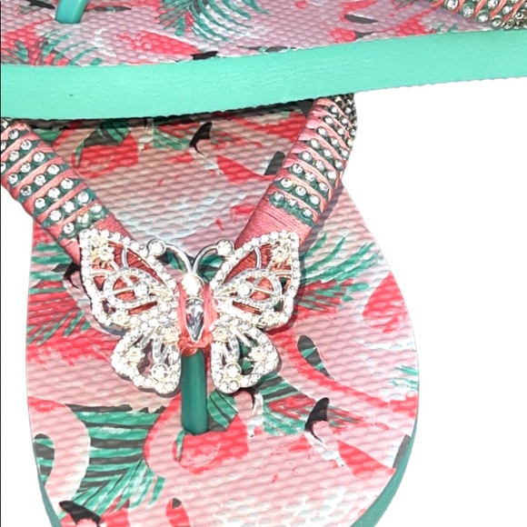 Adult Male Size 6-7, Women Size 7, Peach Flamingo, Crystal Butterfly - Picture 6 of 15